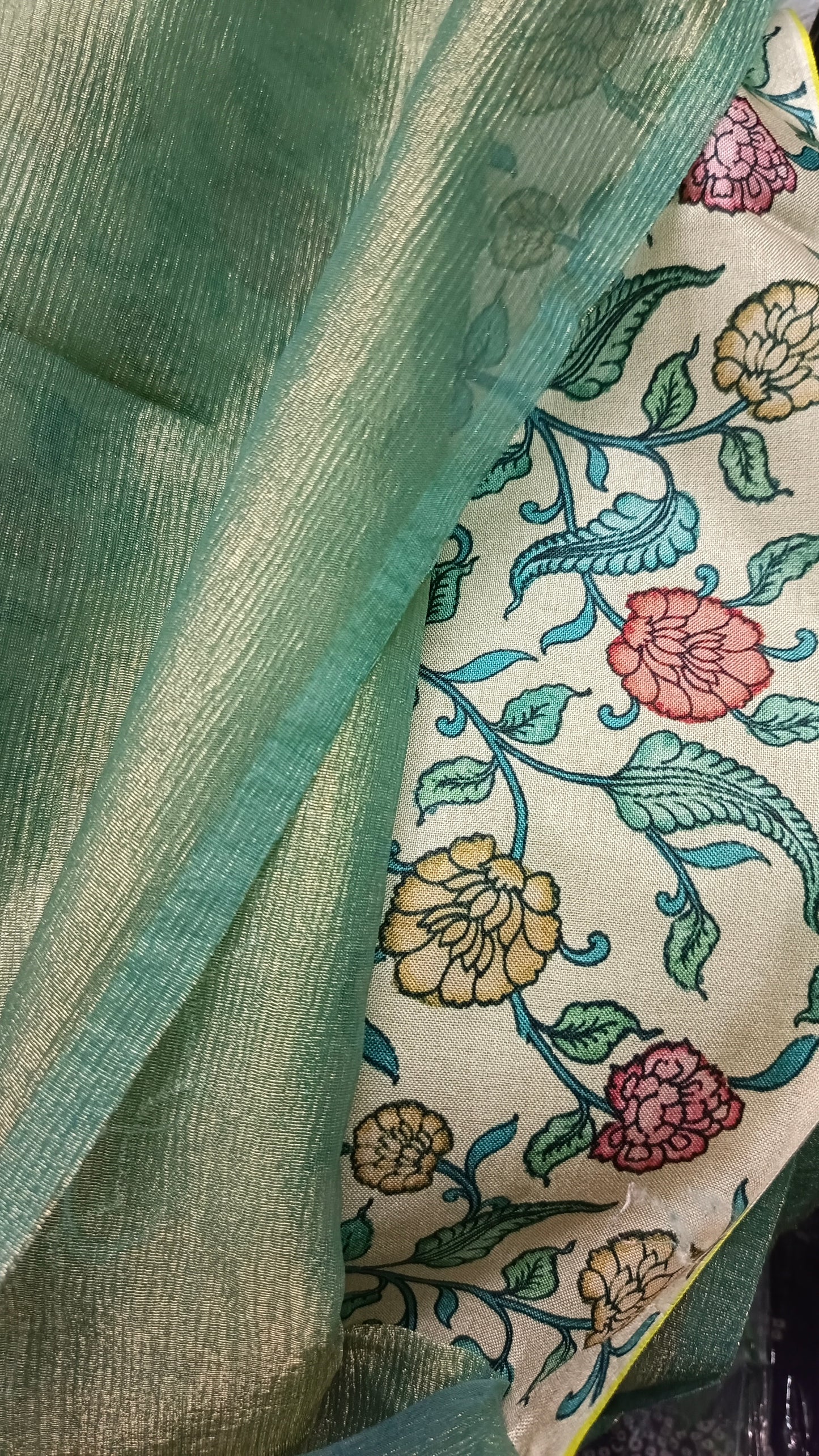 Green Floral symphony applique vegan tissue saree SA25714