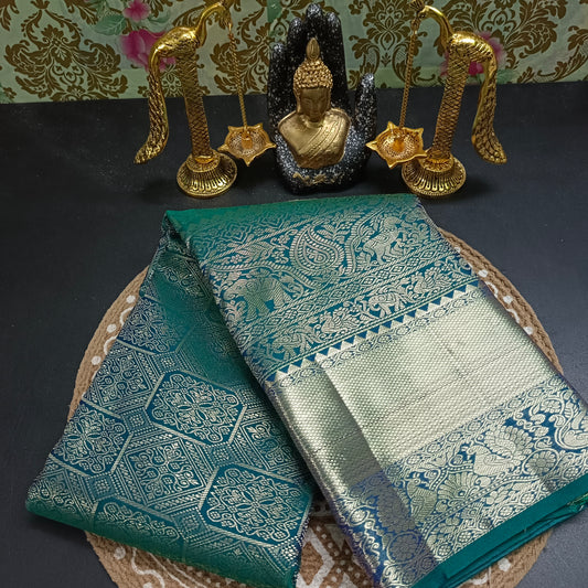 Teal blue Ashwa Gaja vegan bridal kanchi silk saree LA25951
