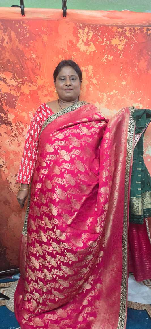 Reddish pink with green Royal banarasi vegan kaddi georgette saree JA25330