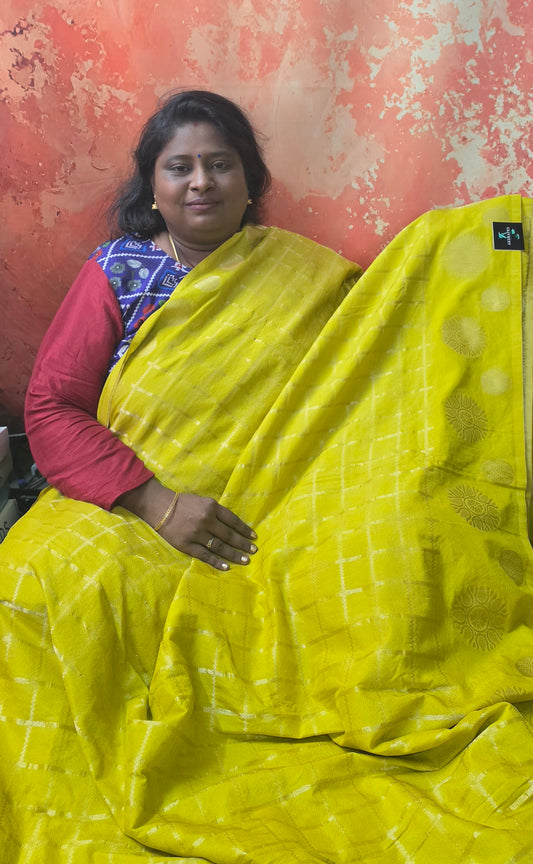 Lemon Yellow Sudar Chakkram vegan kaddi georgette saree MA25096