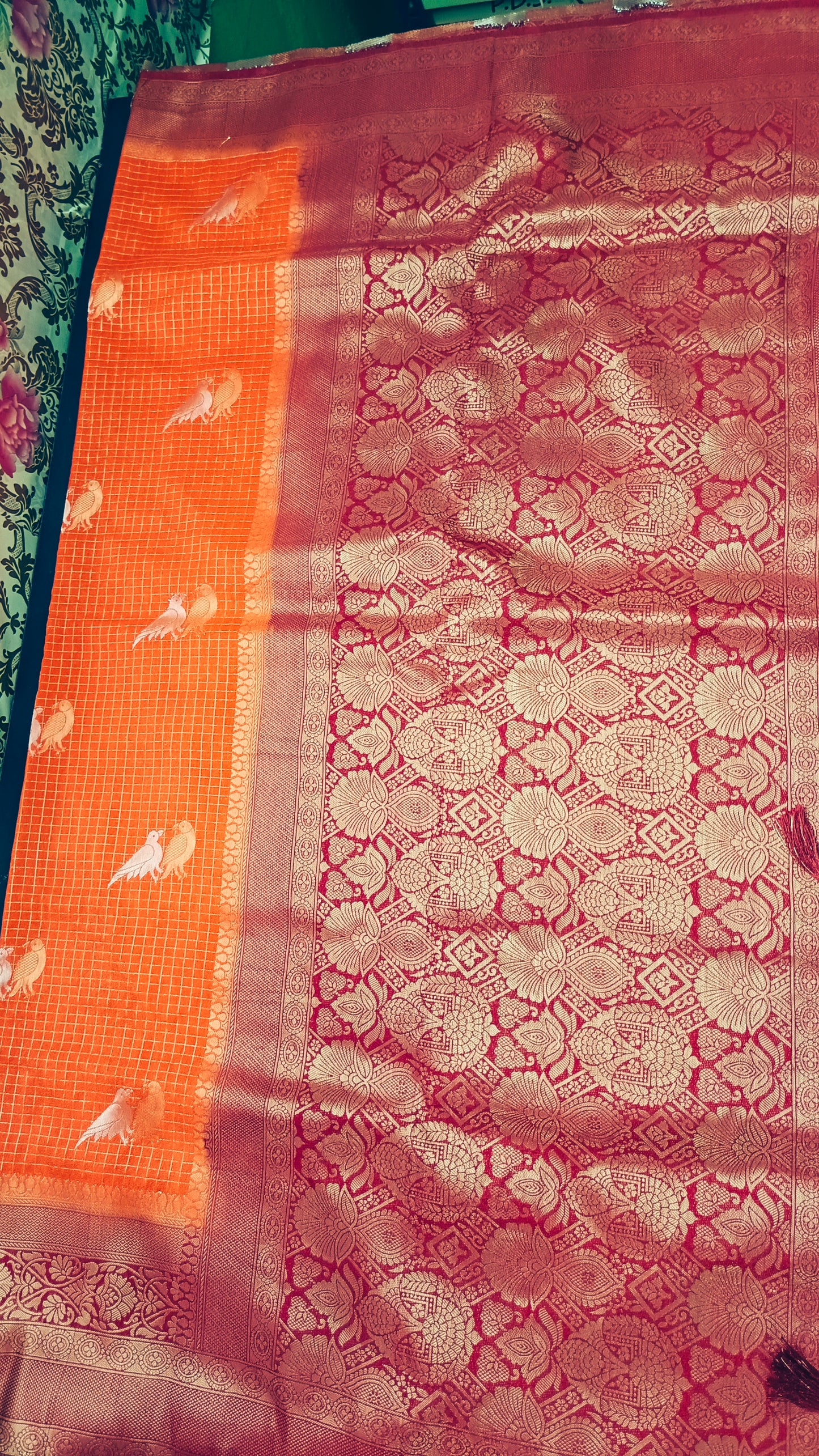 Orange Maroon Midhuna Pakshi Premium Vegan Crepe silk Saree MA25212