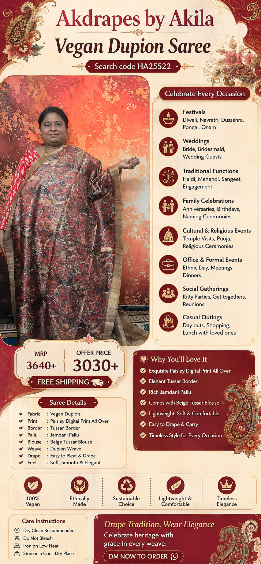 Red Paisley dreams vegan dupion silk saree HA25522