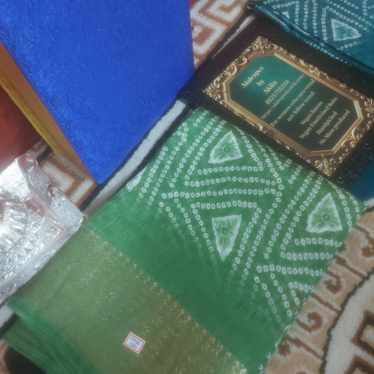 Fern Green vegan bandhini linen weaving border saree JA26084