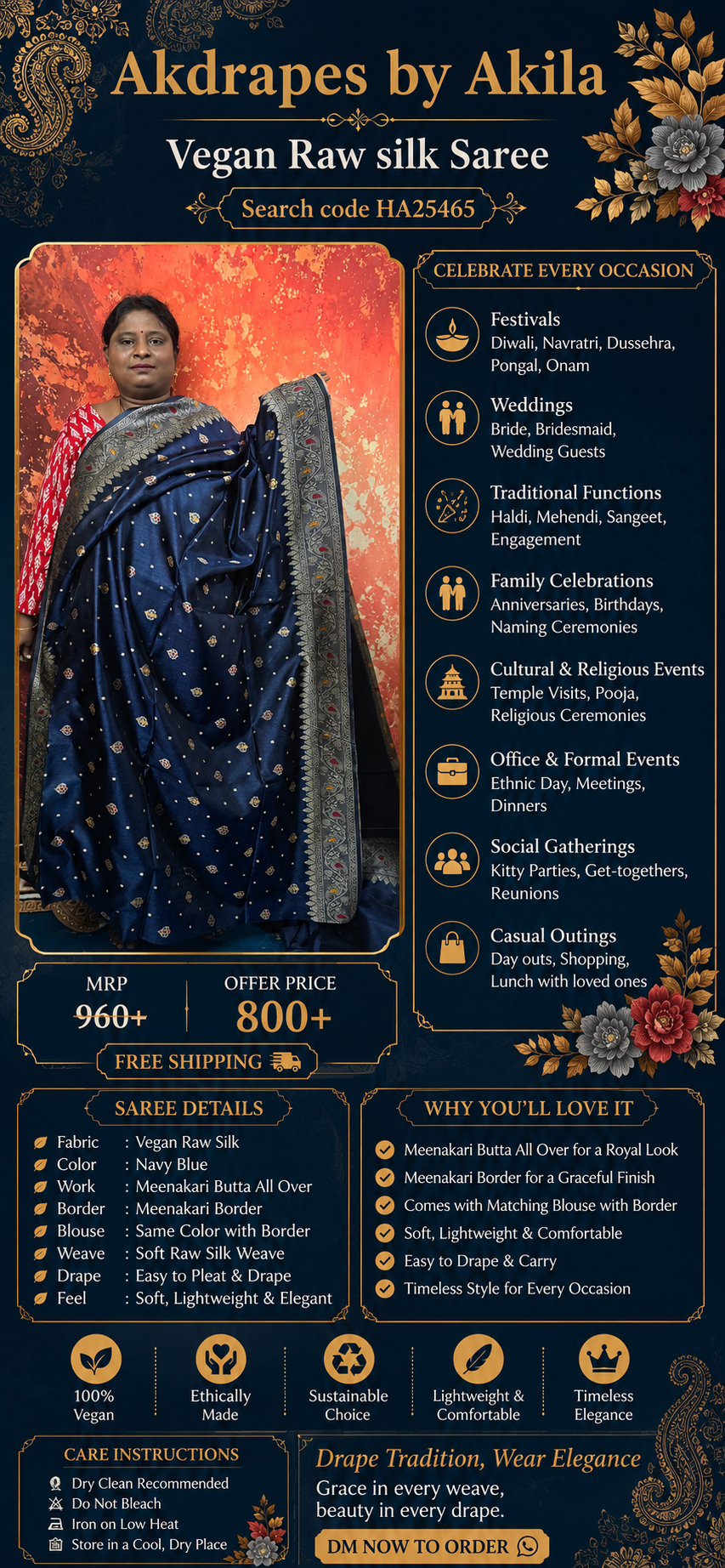 Navy blue Meenakari vegan zari banaras Raw silk saree HA25465