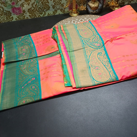 Peach seagreen Pavazha Pattu vegan Kanchi silk saree MA25134