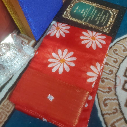 Orange vegan linen sunflower weaving border saree JA26056