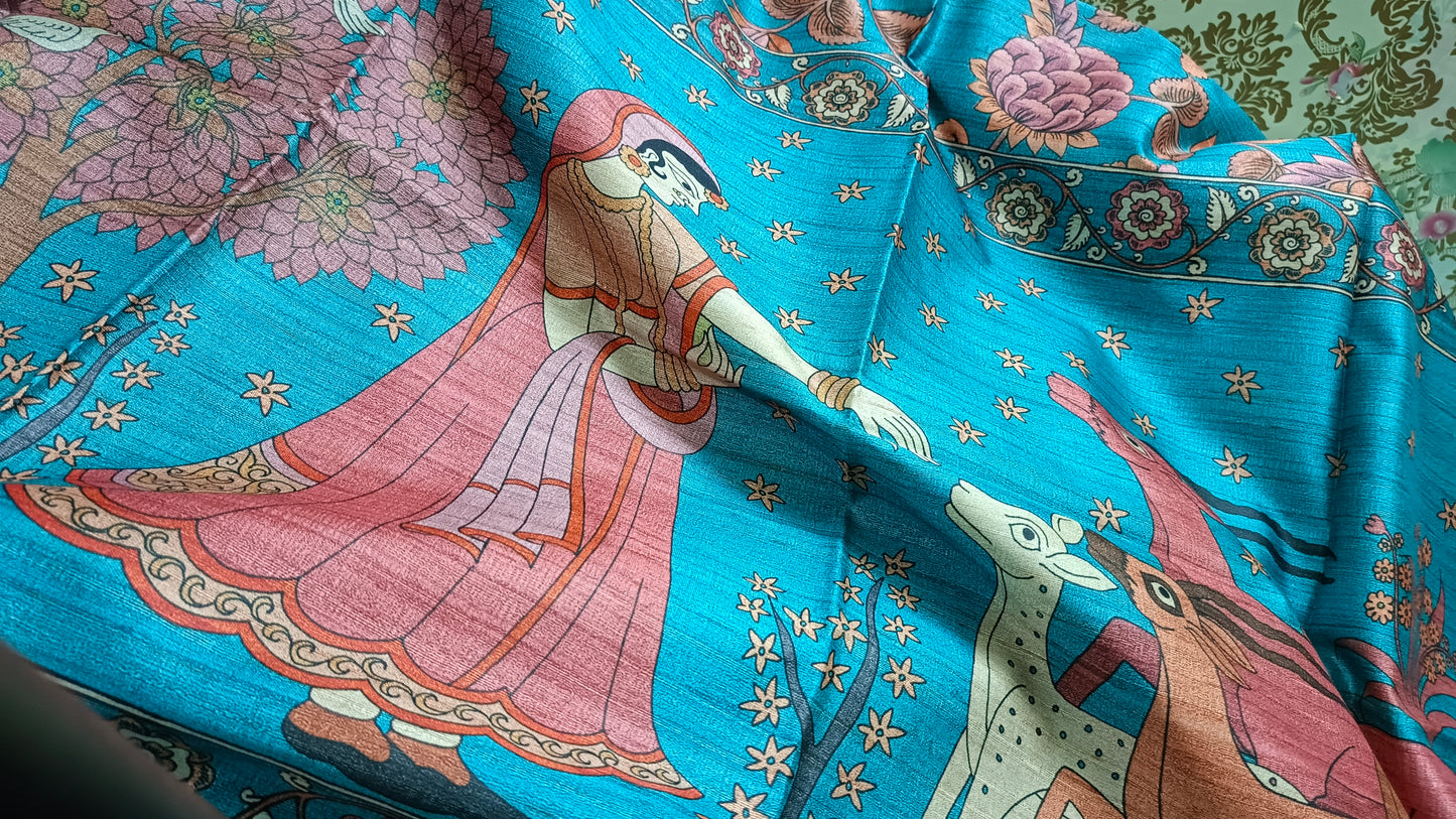 Blue Ritika digital printed kalamkari vegan tussar saree SA25700
