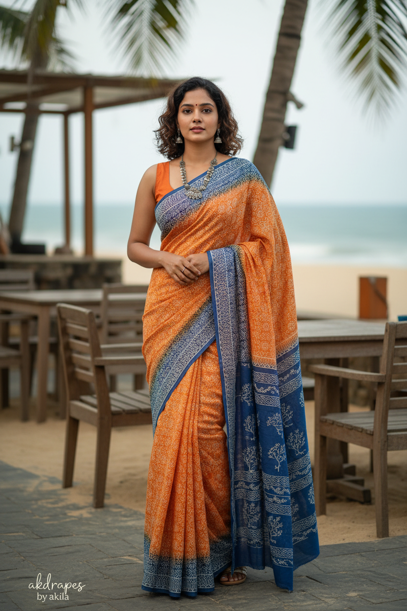 Orange Vegan floral Jaipur cotton saree SA25752