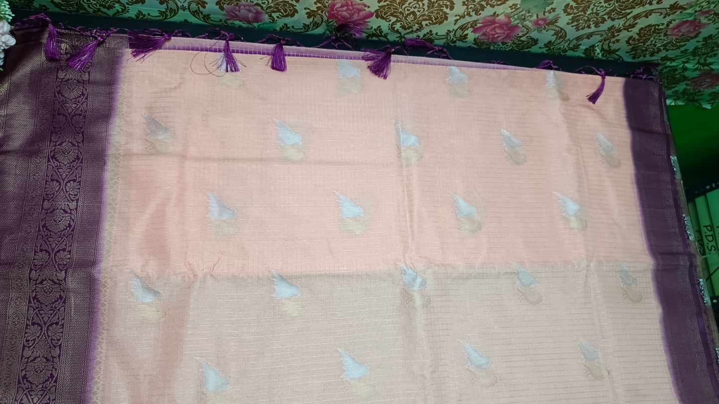 Pastel Peach purple  Midhuna Pakshi Premium Vegan Crepe silk Saree MA25214