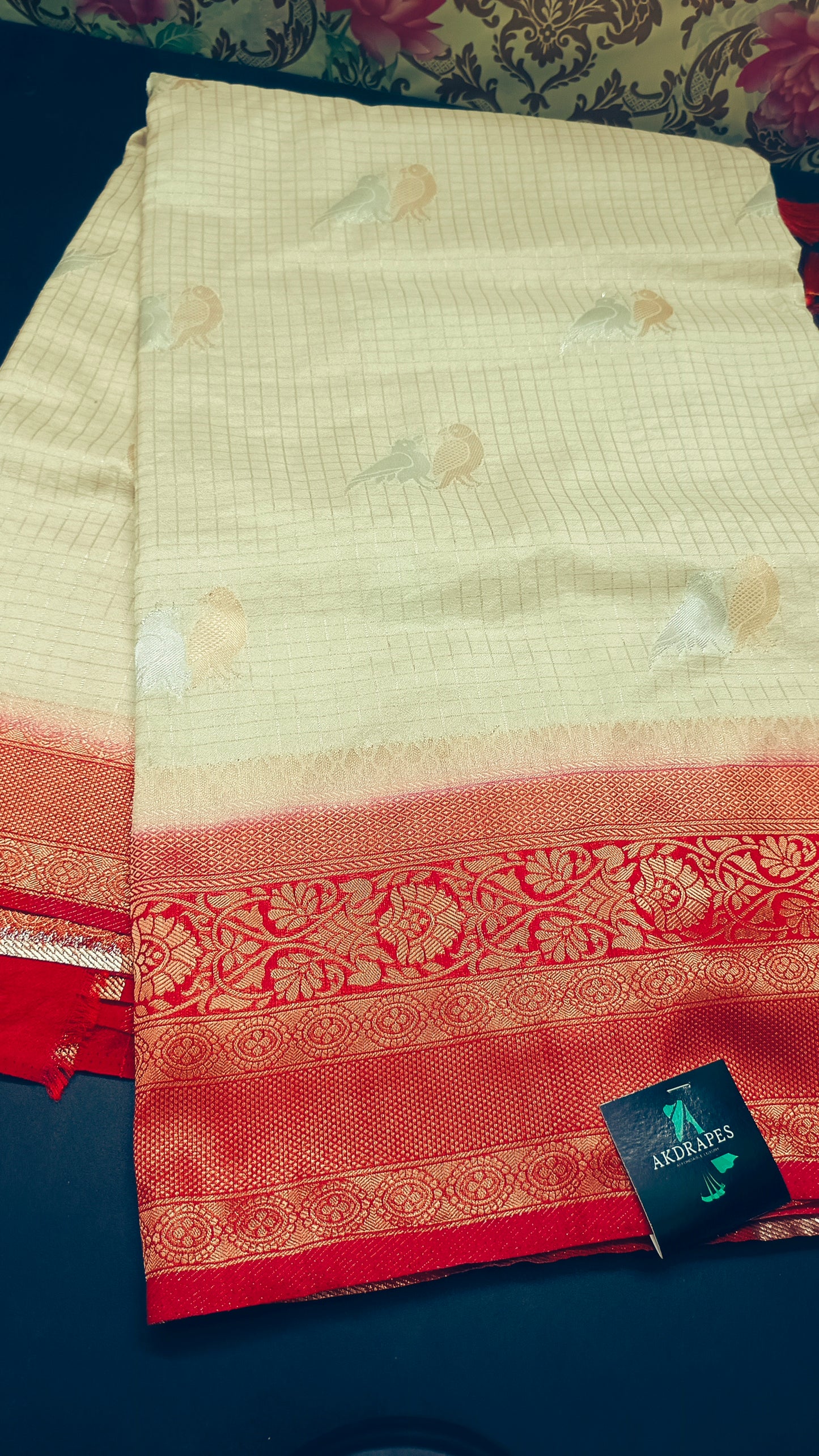 Off white Red  Midhuna Pakshi Premium Vegan Crepe silk Saree MA25215