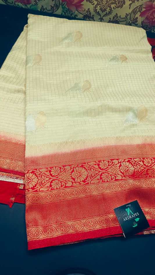 Off white Red  Midhuna Pakshi Premium Vegan Crepe silk Saree MA25215