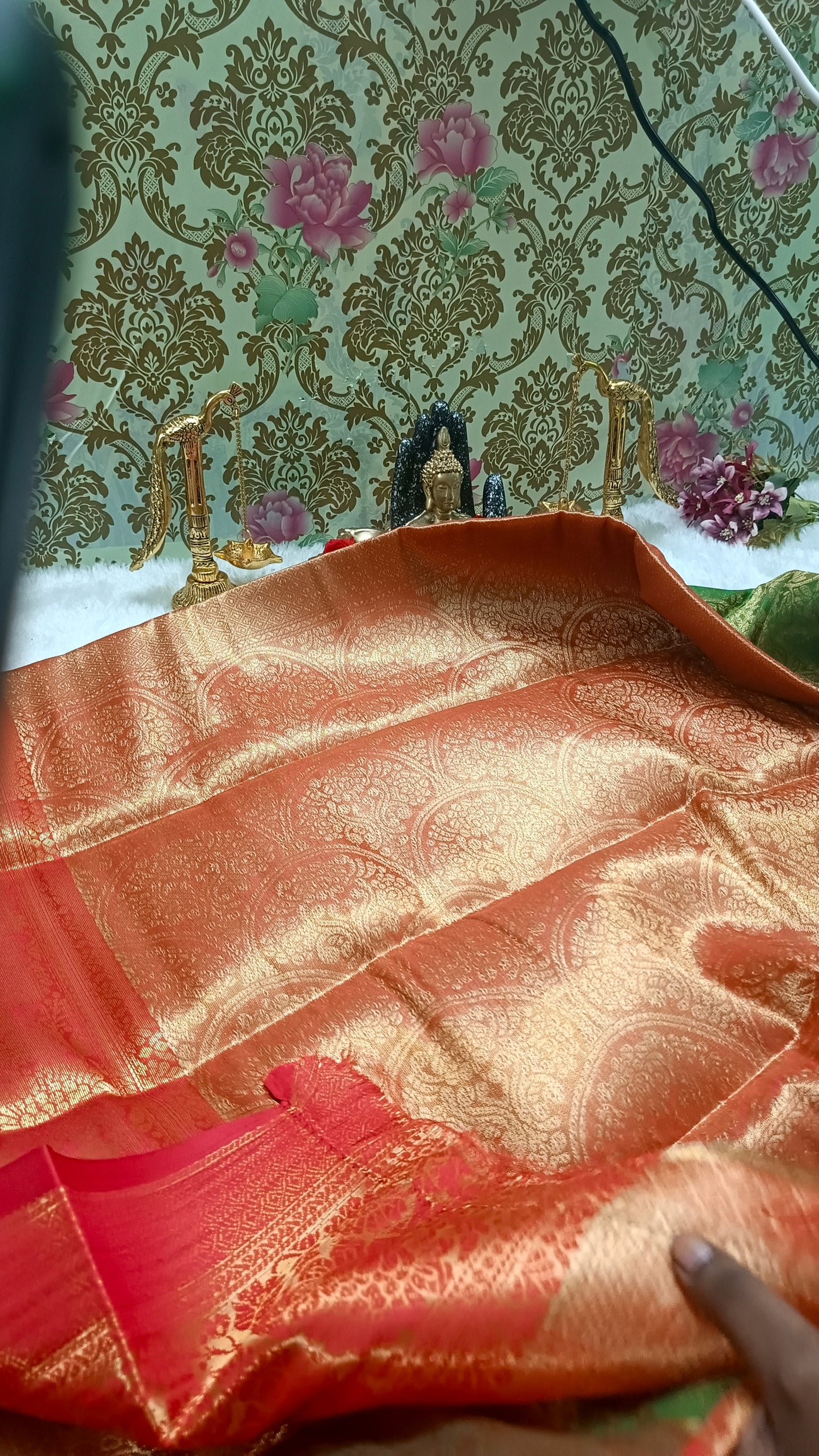 Green with Red Ratna Vastra Vegan kanchi tissue silk saree MA25080