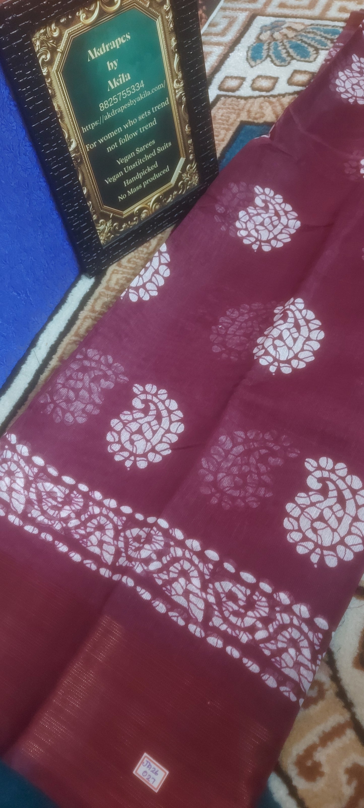Wine Mango Batik linen zari border saree JA26027
