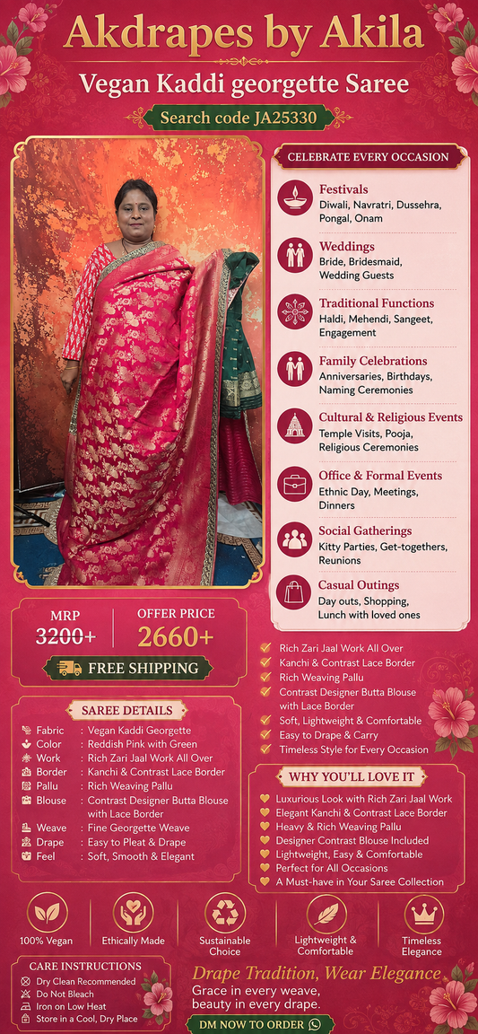 Reddish pink with green Royal banarasi vegan kaddi georgette saree JA25330