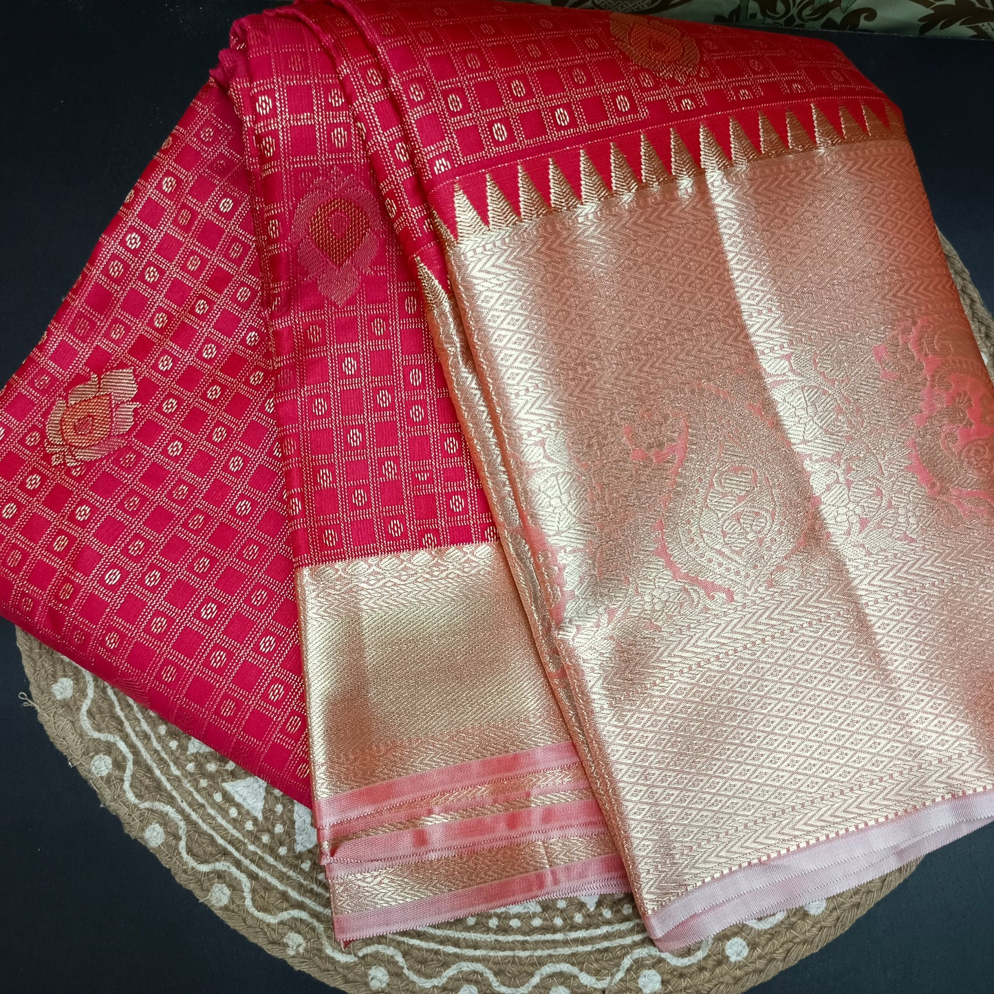 Chilli Red with pastel peach Parijatham Vegan premium kanchi brocade silk saree LA25930