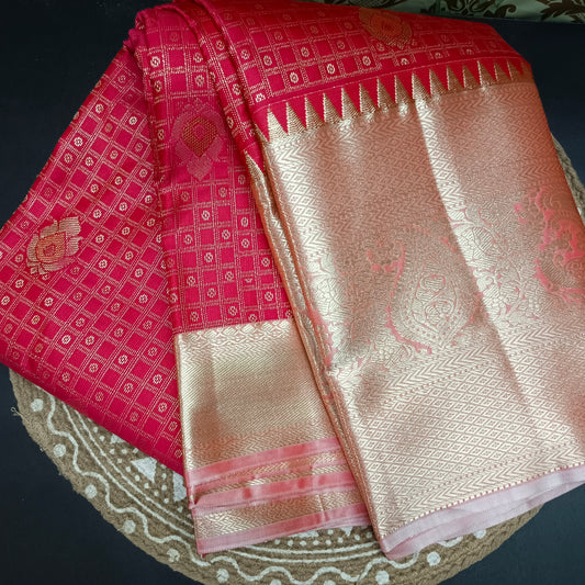 Chilli Red with pastel peach Parijatham Vegan premium kanchi brocade silk saree LA25930