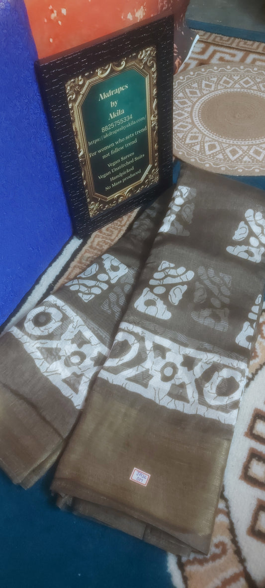 Brown Batik lenin zari border saree JA26017