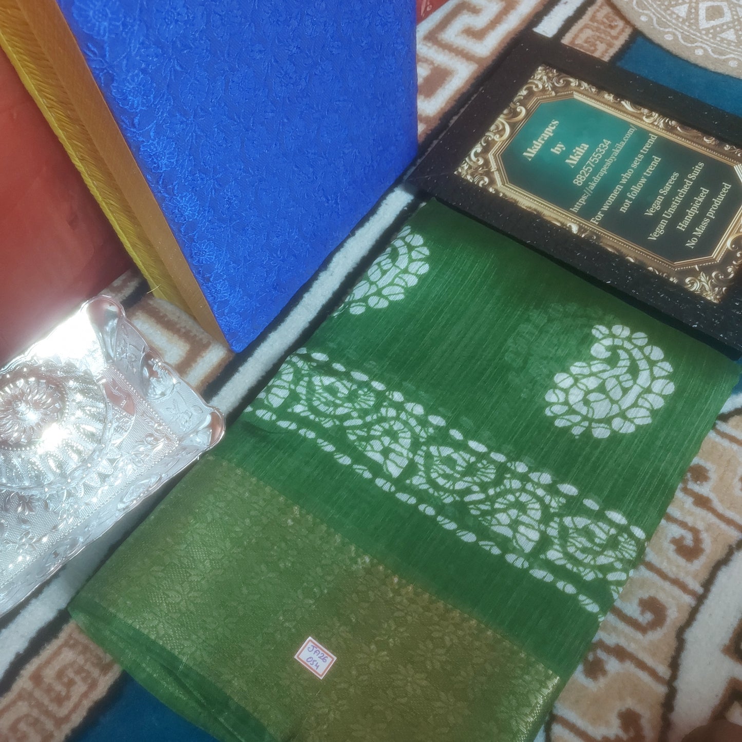 Fern green Vegan lenin Mango batik weaving border saree JA26054