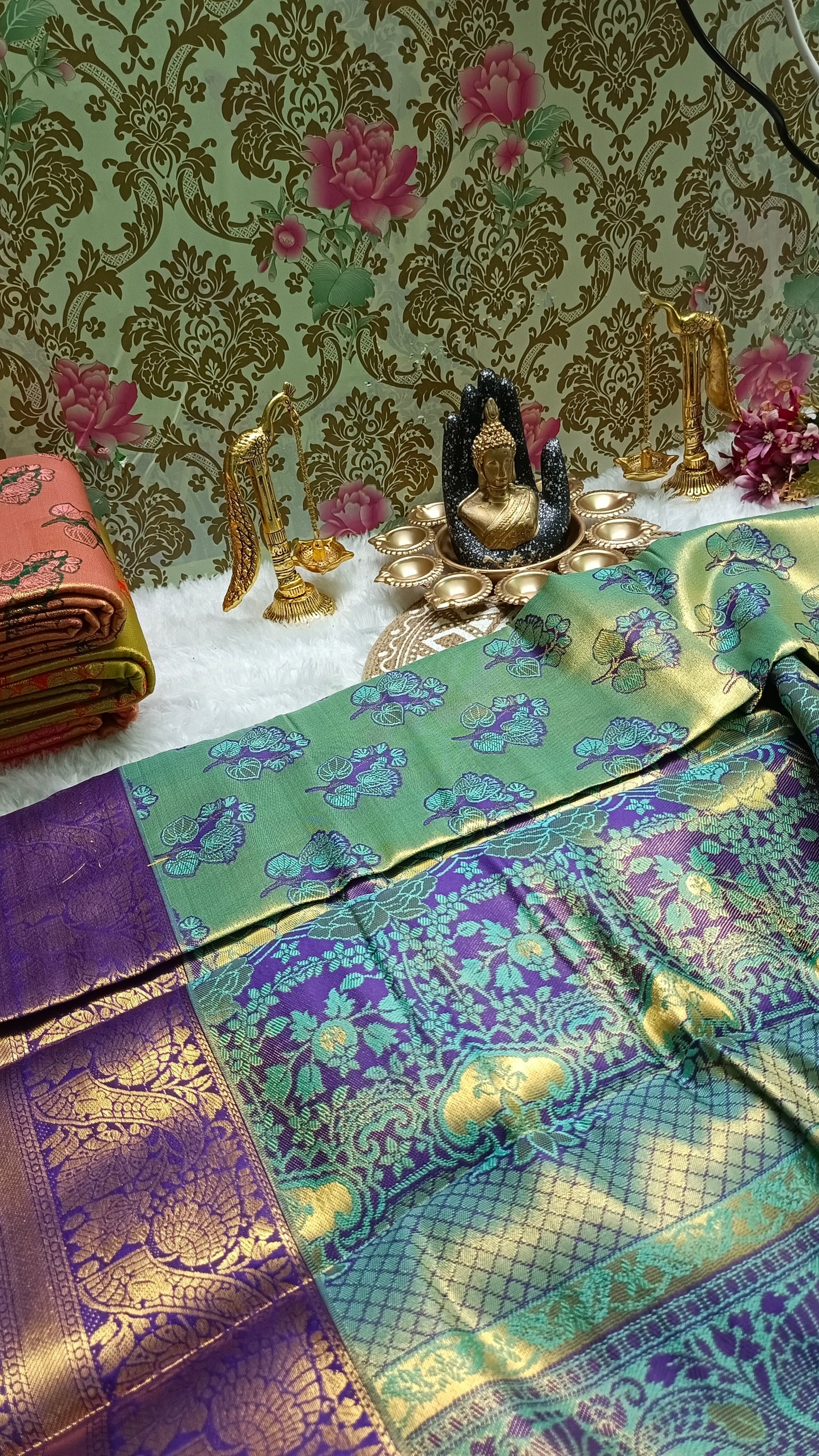 Sapphire Blue with navy blue Mangala Pushpam Vegan Kanchi tissue saree JA25296