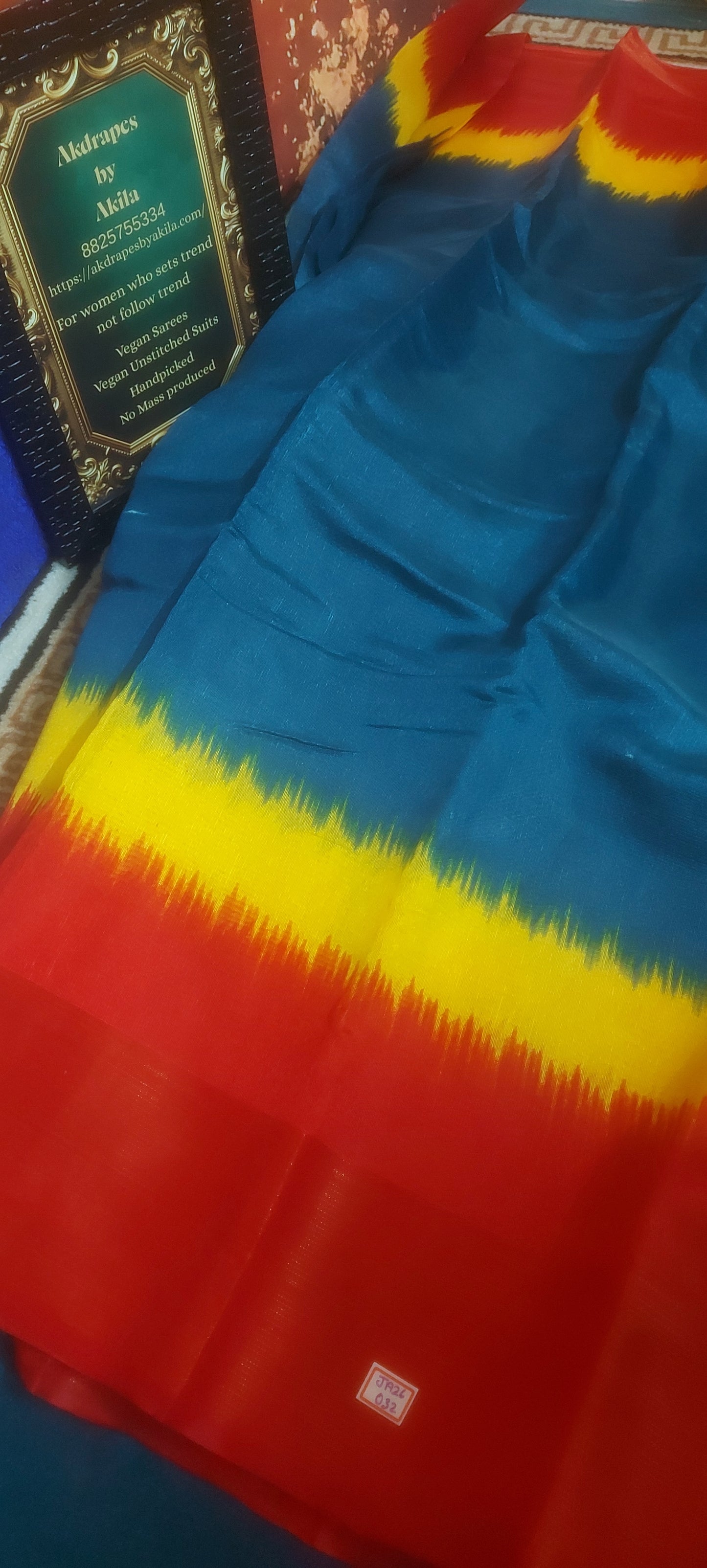 Indigo Tricolor vegan linen zari border saree JA26032