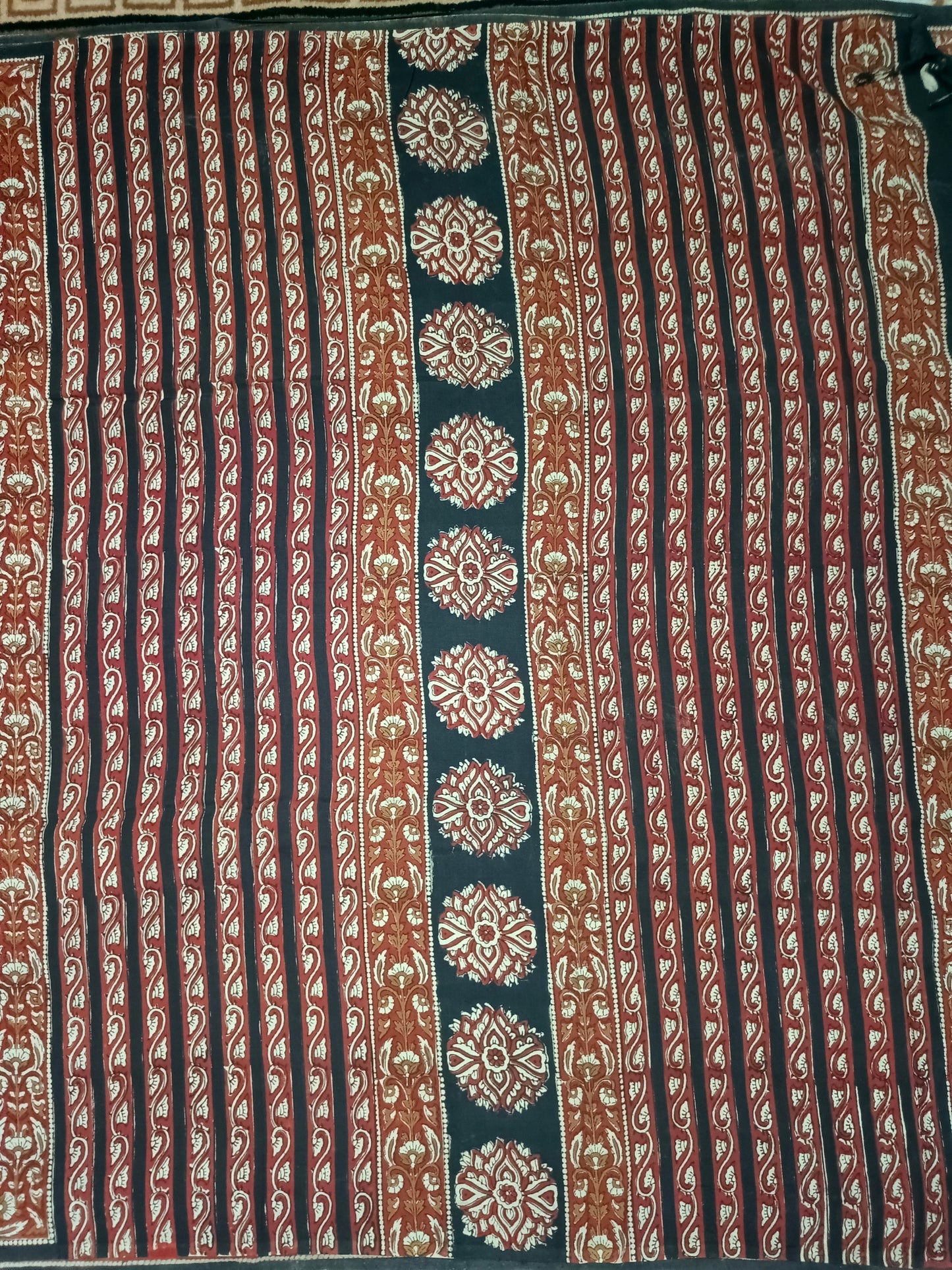 Red Mustard Vegan assam silk cotton bagru printed saree HA25536