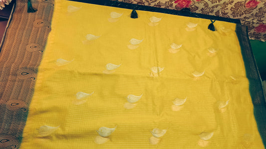 Lemon yellow Mango design Midhuna Pakshi Premium Vegan Crepe silk Saree MA25220