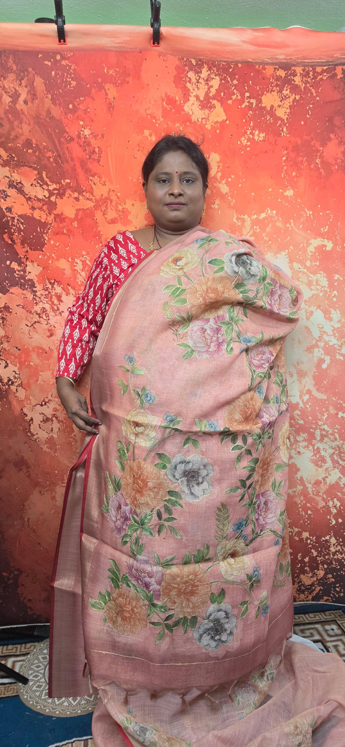 Peach Vegan linen Mystic floral saree SA25712