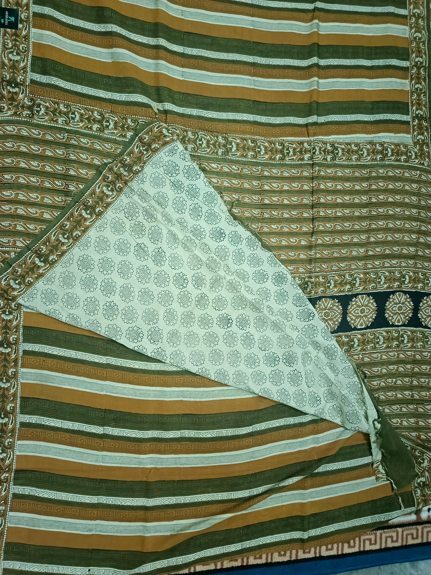 Green Mustard Vegan assam silk cotton bagru printed saree HA25535